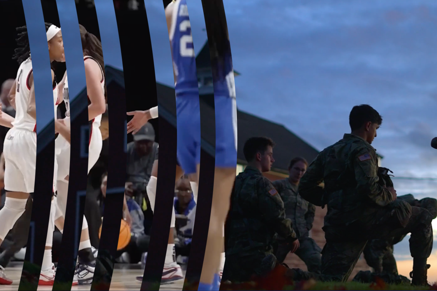 visual mashup of photo of UConn basketball players and students in fatigues undergoing training at horsebarn hill in storrs ct