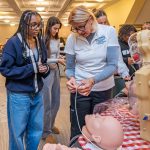 Students at the Allied Health Sciences Healthcare Simulation event, November 12, 2024. (Milton Levin/UConn Photo)