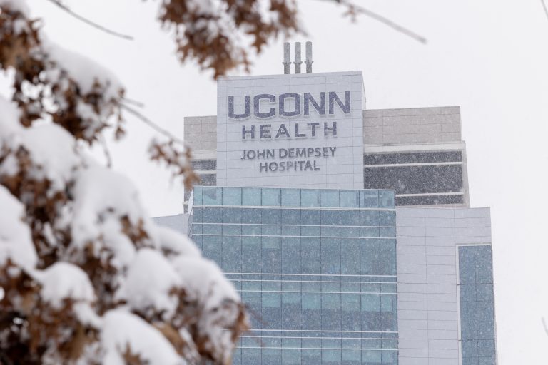 Snow falls around the UConn Health campus