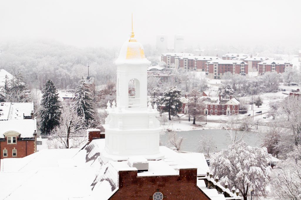 The Wilbur Cross cupola during the first snowstorm of the season