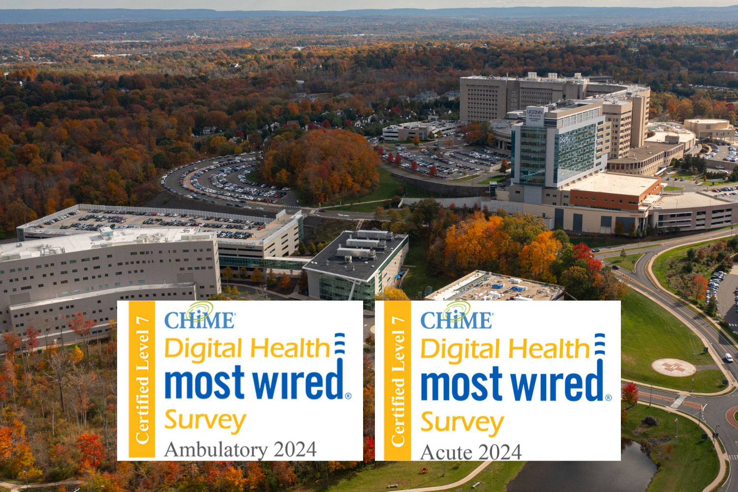 'Most Wired' badges over drone shot of UConn Health campus ('CHIME Digital Health Most Wired Survey' 2024 for Ambulatory and Acute)