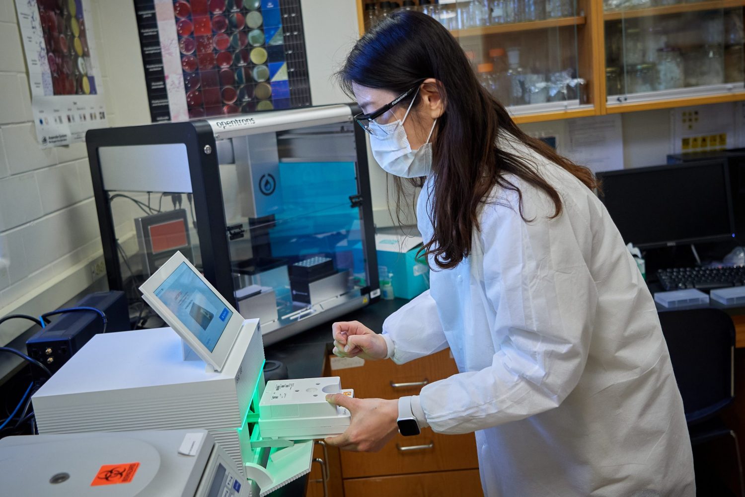 Jiyeon Hyeon, a postdoctoral fellow, works at the Connecticut Veterinary Medical Diagnostic Laboratory on April 7, 2021. (Peter Morenus/UConn Photo)