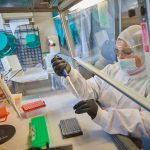 Zeinab Helal micropipettes samples the Connecticut Veterinary Medical Diagnostic Laboratory on April 7, 2021. (Peter Morenus/UConn Photo)