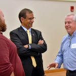 Steve Szcepanek from the Department of Pathobiology and Veterinary Science (left), Dean Indrajeet Chaubey (center) and Guillermo Risatti (right) from the CT Veterinary Medical Diagnostic Laboratory (Jason Sheldon/UConn Photo)