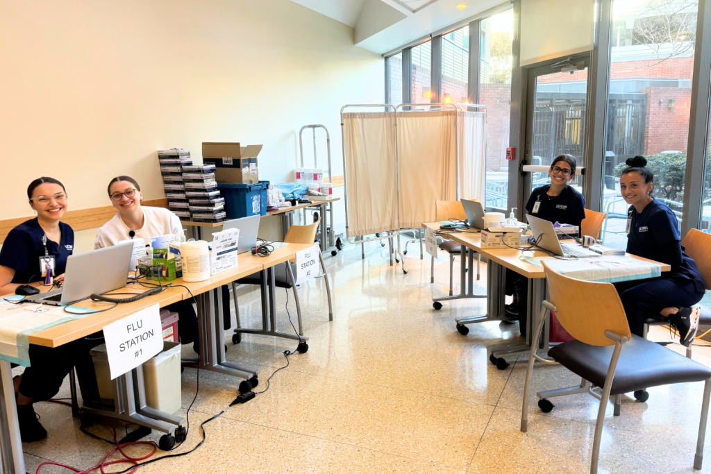 Second year UConn nursing students at their first flu clinic - Isabella Badagliacca, Vanesa Galindo, Carolyn Jandura, Taylor Jones