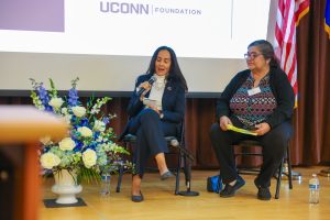 Evelyn Gonzales and Lydia Roldan remembering Henrietta Bernal at the School of Nursing's alumni reunion