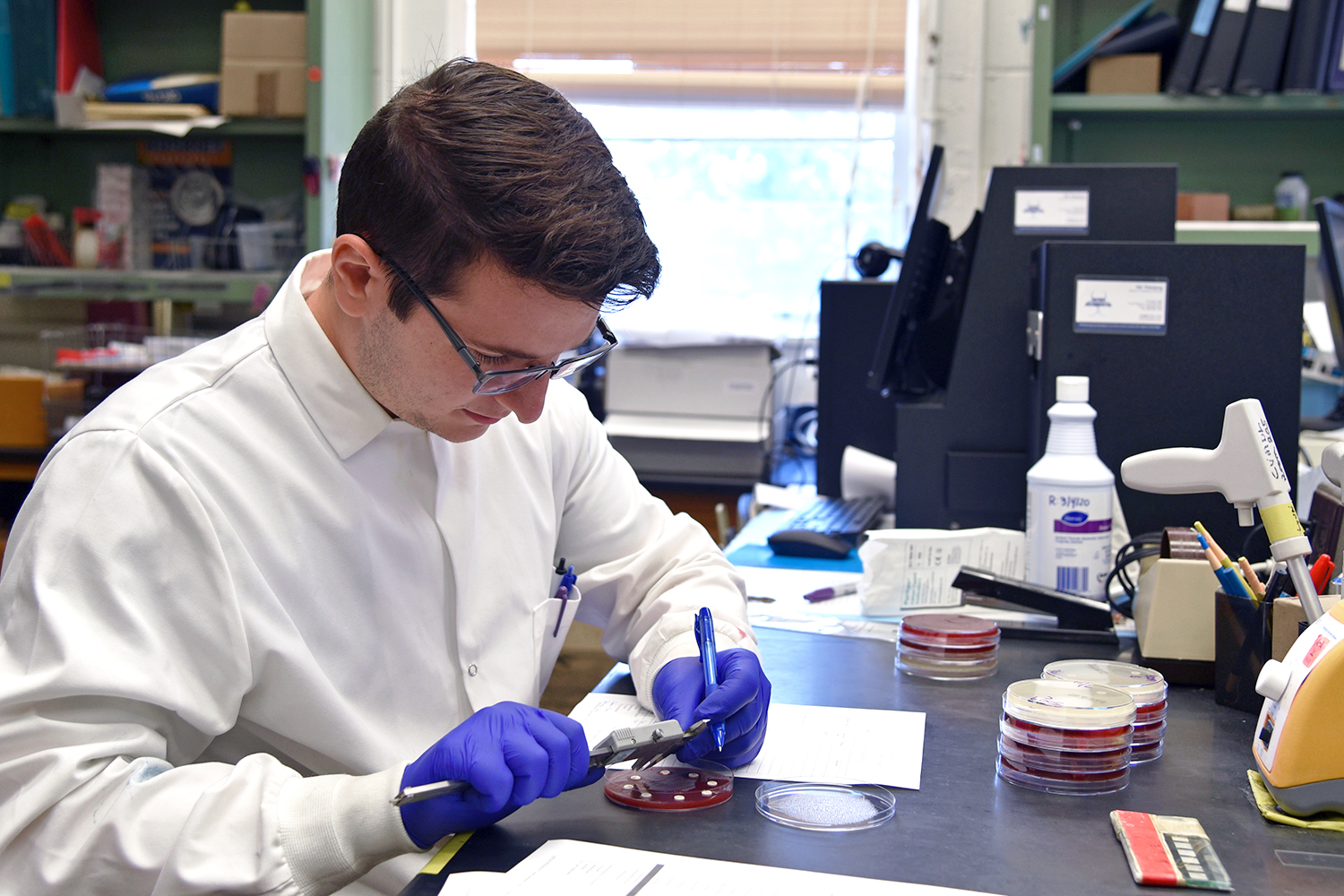 A student studies samples with a caliper in the Connecticut Veterinary Medical Diagnostic Laboratory (CVMDL) in the Wilbur O. Atwater Laboratory (ATWR). July 21, 2021. (Jason Sheldon/UConn Photo)