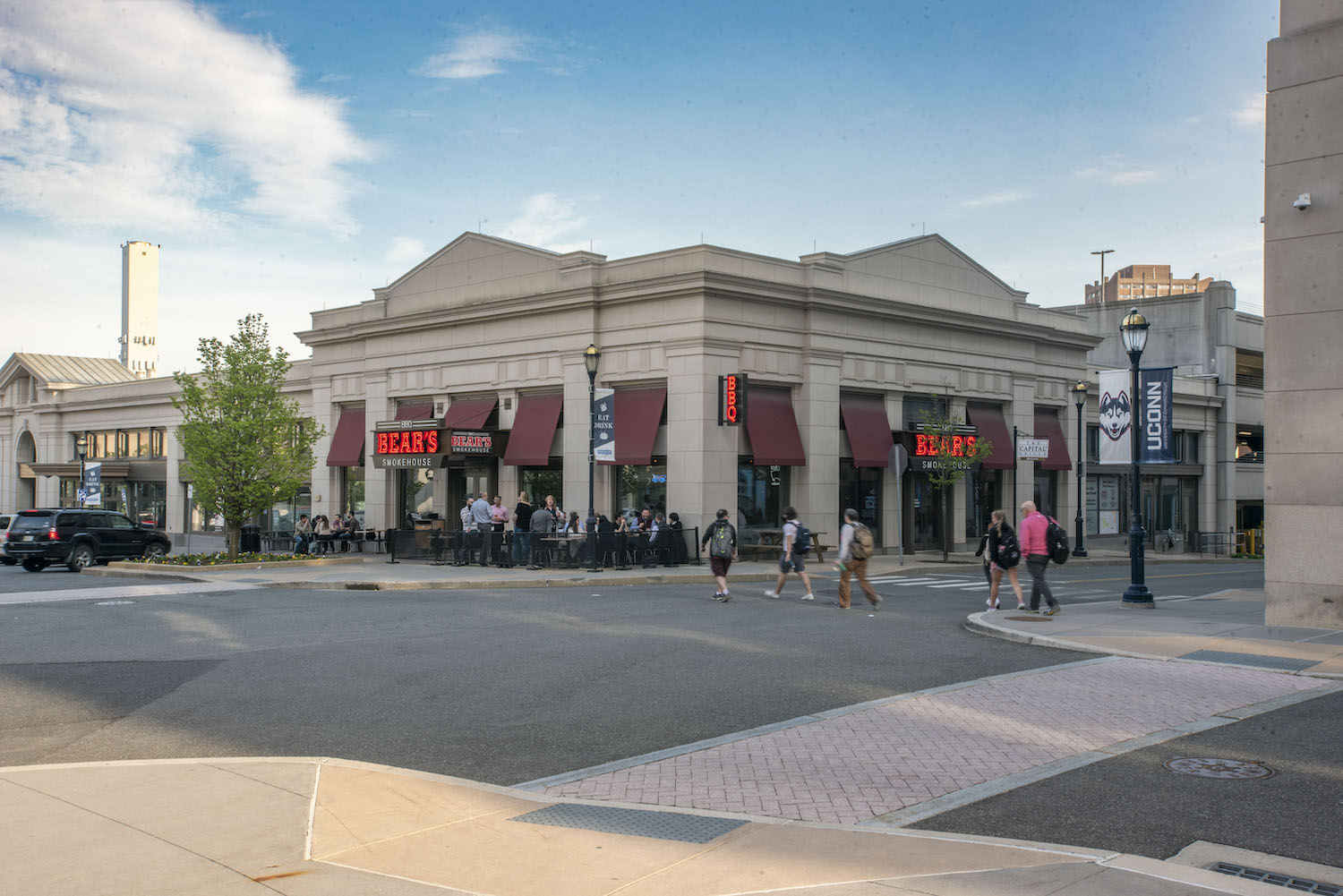 Exterior view of Front Street crossing with Bears and Infinity Hall in background. UConn Hartford campus.