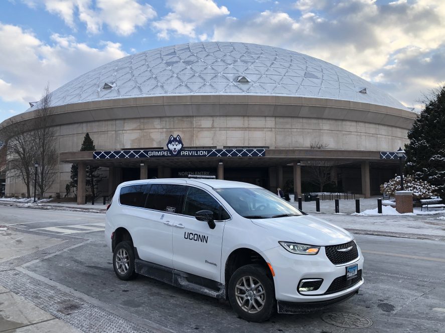 An AVS van outside Gampel Pavilion