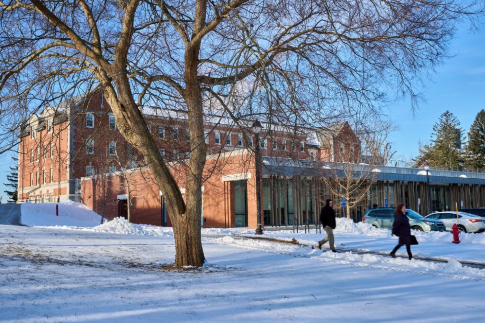 A winter view of Storrs Hall and Widmer wing of the School of Nursing on Jan. 23, 2025. (Peter Morenus/UConn Photo)