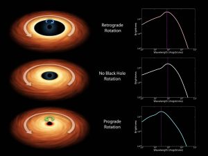 These images show different examples of black holes and accretion disks with various spin configurations