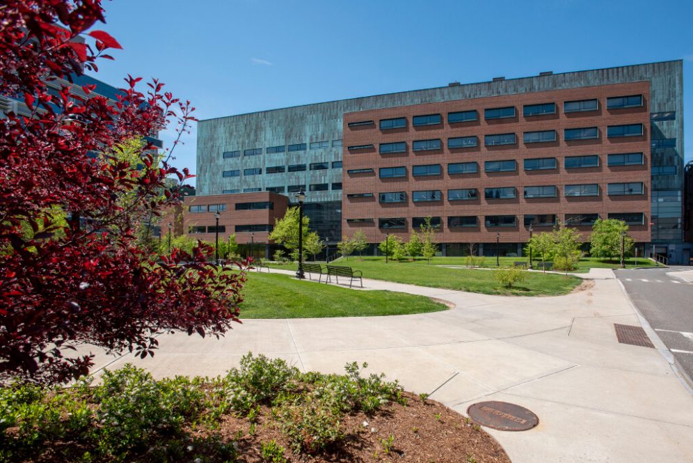 Exterior views of the Pharmacy/Biology Building on May 14, 2024. (Sean Flynn/UConn Photo)