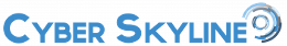 The Cyber Skyline logo features the company name in bold, uppercase blue letters. "Cyber" is in a lighter shade, while "Skyline" is in a darker shade. A stylized circular design resembling a digital swirl or target is positioned at the end of the word "Skyline," adding a modern and tech-inspired touch.