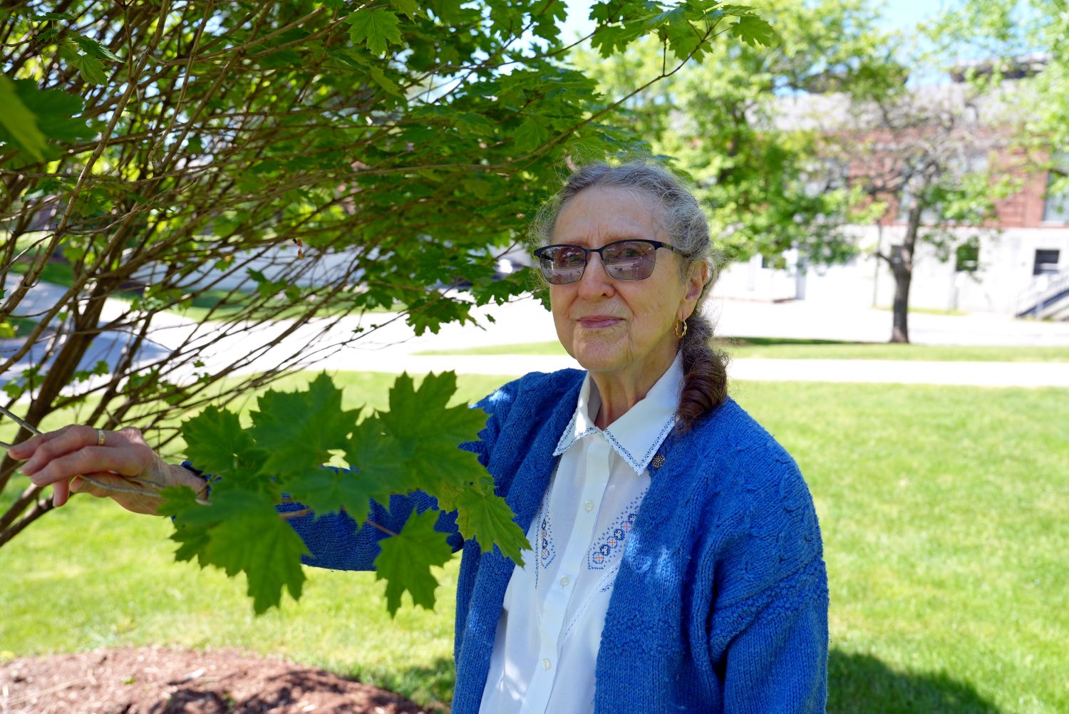 Elderly woman stands near tree