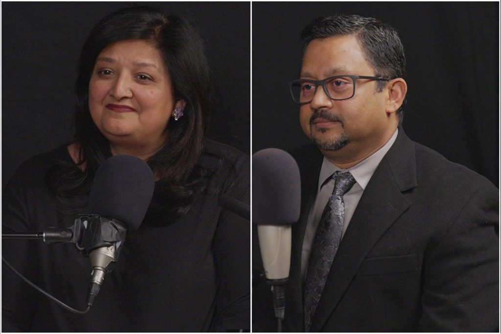 collage Drs. Katechia and Gopalakrishna at microphones