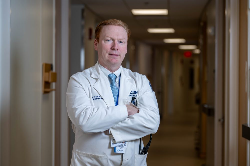 Dr. Travis Hinson at the Calhoun Cardiology Center at UConn Health. He is a cardiovascular physician-scientist at UConn Health/JAX who serves as the Pat and Jim Calhoun Endowed Professor (Photo by JAX/ Cloe Poisson).