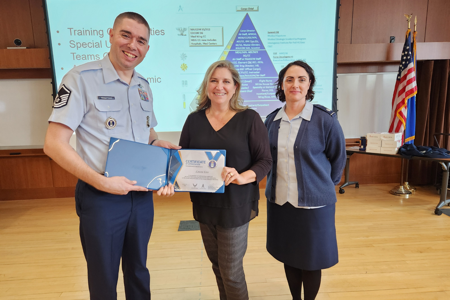 Lt. Col Krisha Prentice and MSgt. Andrew Magathan present Laura Eiss with certificate in recognition of outstanding support of Air Force recruiting services