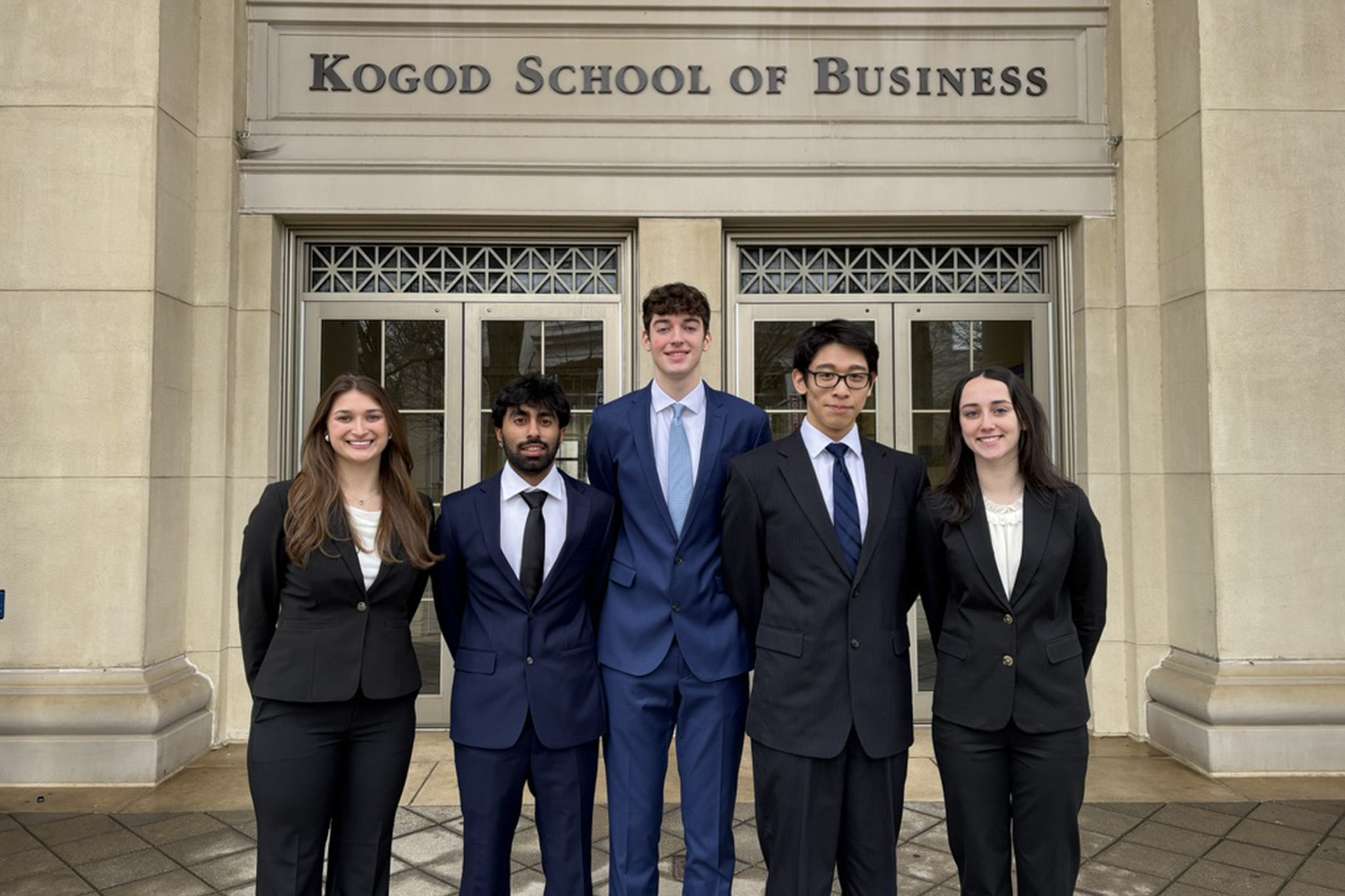 Five second-year business students took first place in the Kogod Case Competition at American University earlier this month. Pictured from left are: Maria Cayward, Kabir Ramnani, Daniel Barbieri, David Lu and Sophia Viar.