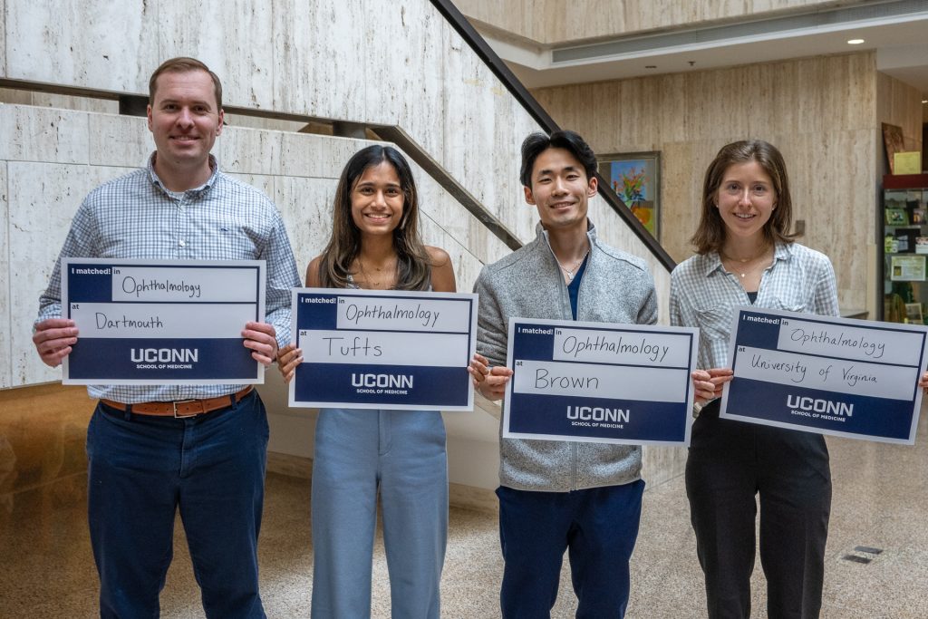 Soon-to-be UConn made doctors and future ophthalmologists: Christopher Edwards, Sarishka Desai, Michael Li, and Margaret Boudreau (February 10 2025/Tina Encarnacion/UConn Health Photo).