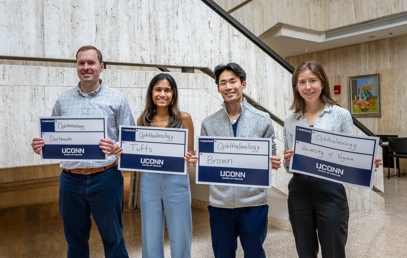 Fourth-year medical students Christopher Edwards, Sarishka Desai, Michael Li, and Margaret Boudreau, successfully early matched to their residency programs in ophthalmology. (February 10 2025/Tina Encarnacion/UConn Health Photo).