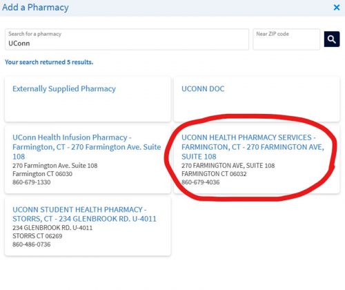 screen grab showing UConn Health Pharmacy Services as a pharmacy option in patient portal