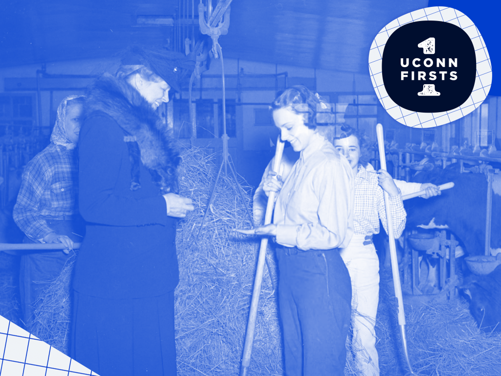 Former First Lady Eleanor Roosevelt visiting with UConn students with a blue overlay over the photo and a "UConn Firsts" logo on top of it