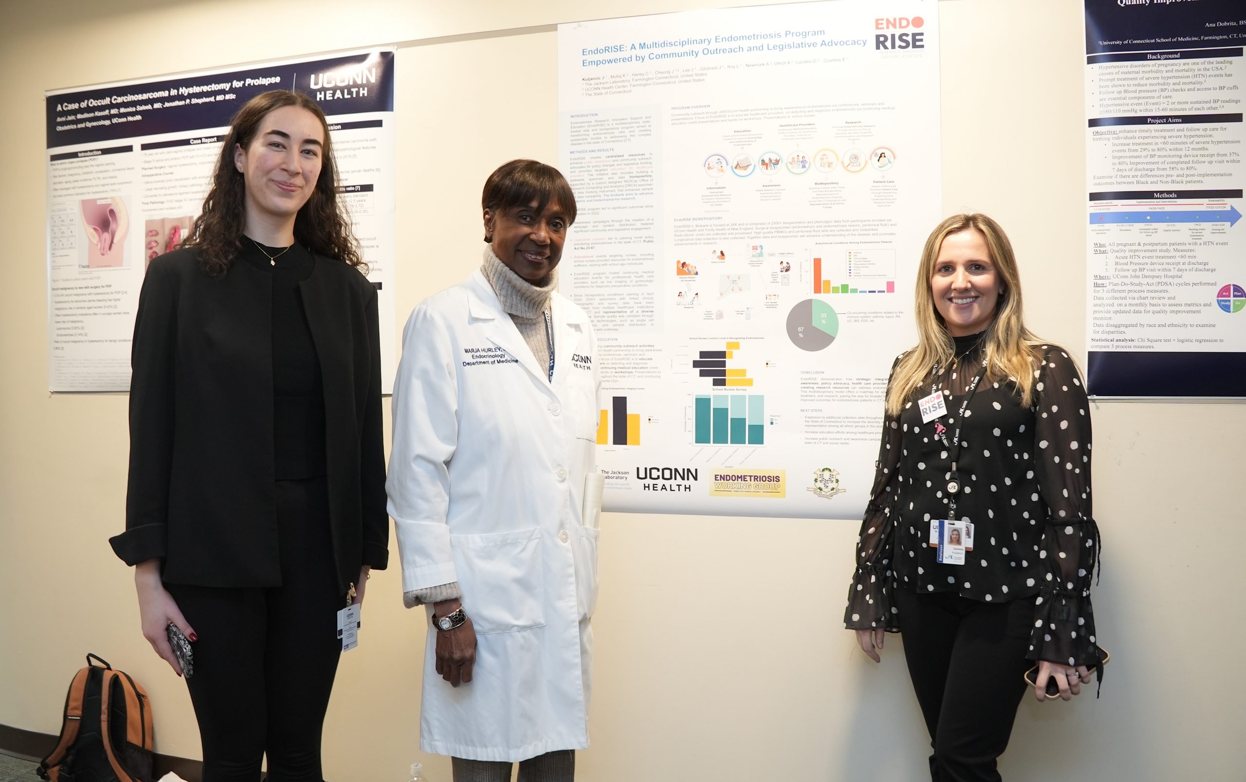 Dr. Marja Hurley on March 7, 2025 at GWIMS' Second Annual Women’s Health Clinical, Health Disparities, Basic Science Research Symposium with EndoRISE's (left) Kayceety Mullaj, OB/GYN clinical researcher at UConn Health and (right) Jasmina Kuljancic, EndoRISE program manager at The Jackson Laboratory (UConn Health Photo by John Atashian).