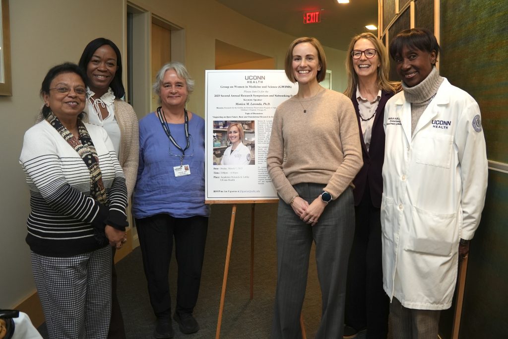 Members of UConn Health's Group on Women in Medicine and Science (GWIMS) on March 7, 2025 with keynote speaker Monica M. Laronda, Ph.D.