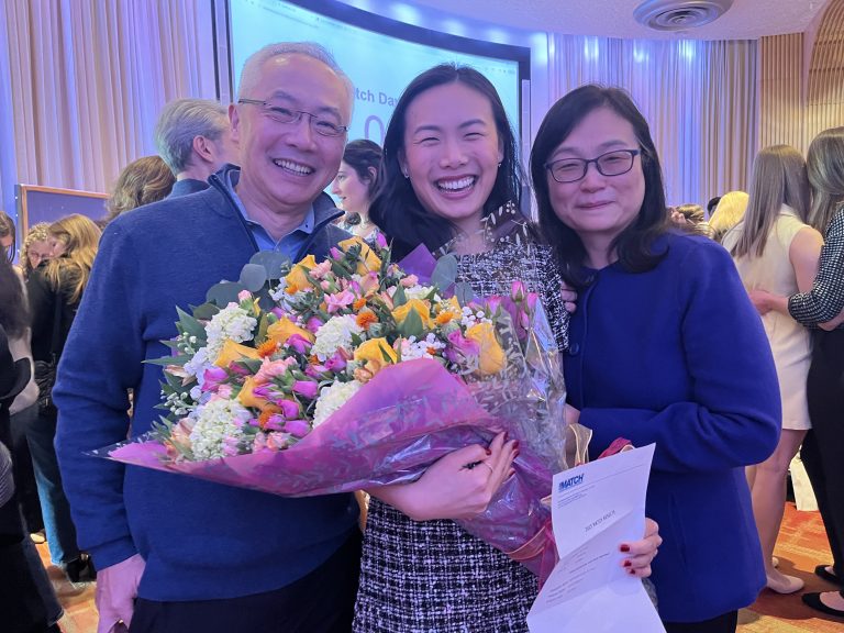 Graduating UConn medical student and future primary care doctor Lily Zhong celebrating Match Day 2025 with her parents.