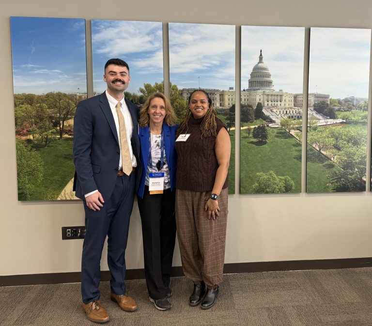 Sean Flaherty ’25 (NURS), Dean Victoria Vaughan Dickson, PhD, RN, FAHA, FHFSA, FAAN and Ryan Davis, CRNA, MSN at the American Association of Colleges of Nursing annual Student Policy Summit on March 30, 2025 in Washington, DC.