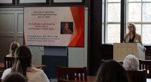 Ann-Margaret Navarra, PhD, CPNP, FAAN, associate dean for research and innovation at Stony Brook University giving her keynote address at SoN's Research and Scholarship Day on April 21, 2025.
