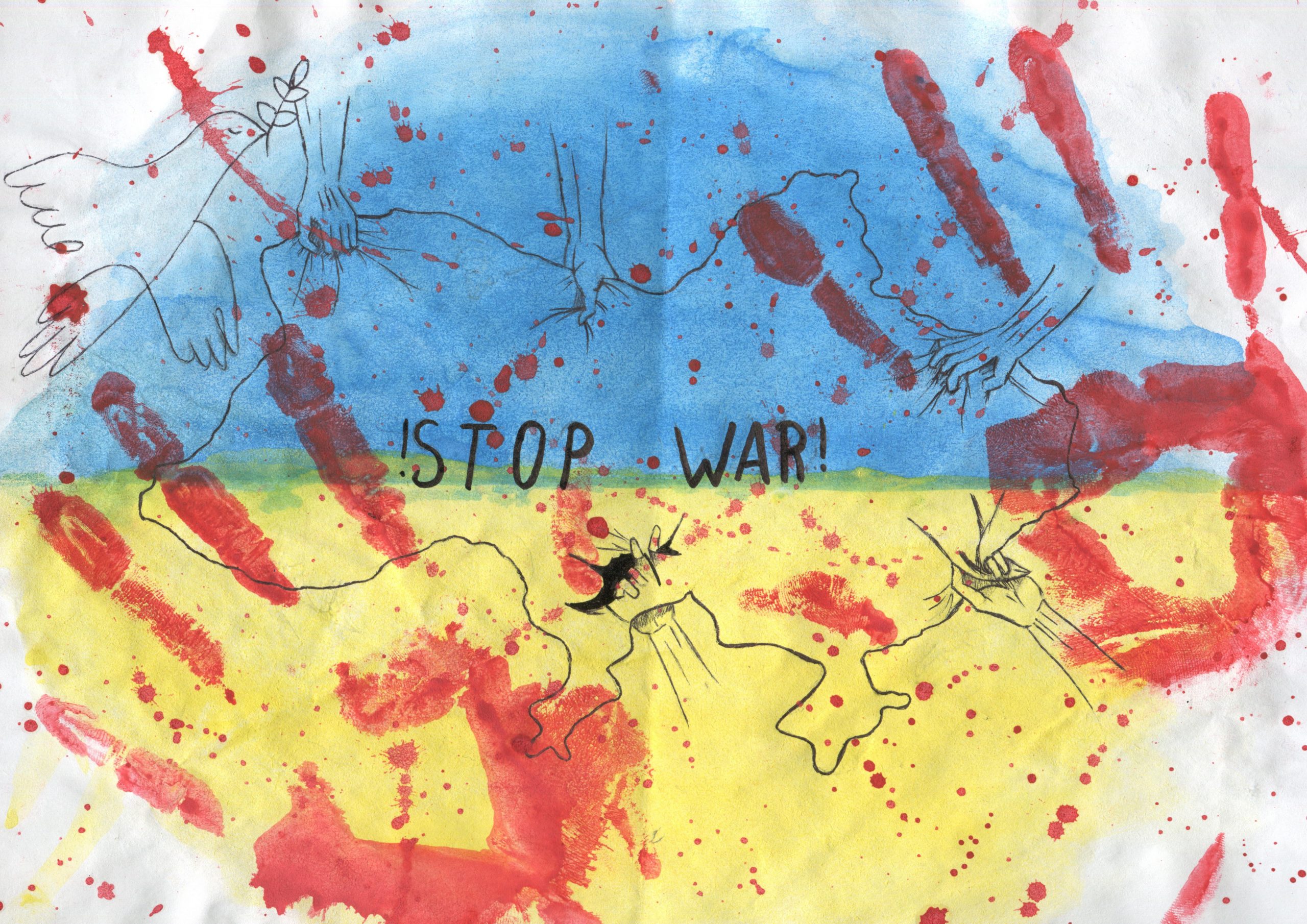 Red handprints and paint splatter over a blue and yellow background, the colors of the Ukrainian flag, with the words '!Stop War!' in the center, featuring black line drawings of human hands pulling at the borders of the country and a flying dove.