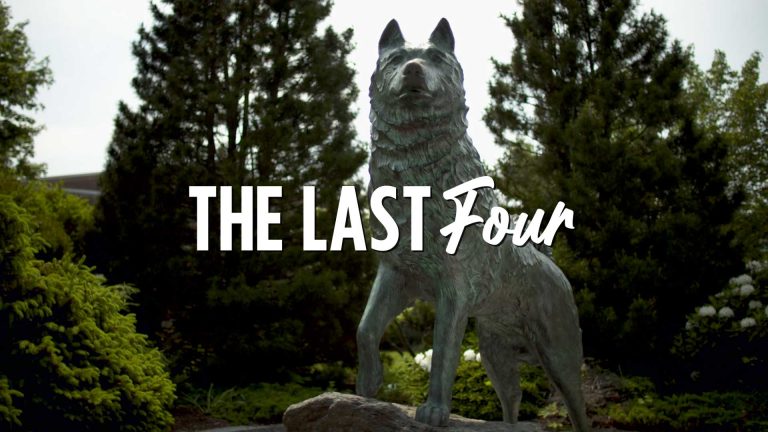 Jonathan Husky statue with the words 