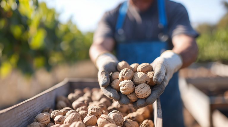 Harvesting Walnuts in California During Fall Season