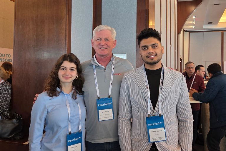 Left to Right, Elia Cocoli, Professor John Wilson, and Rehaan Ahamed at the Insurtech NY Student Case Competition, where UConn took home first place. (Contributed Photo)