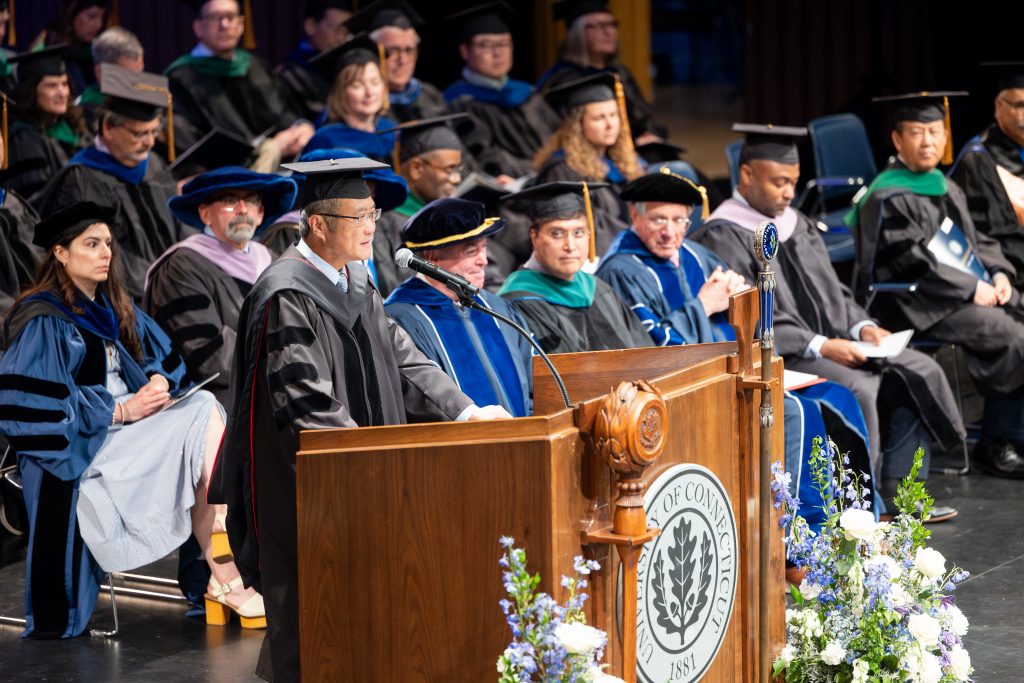 UConn School of Medicine Dean Dr. Bruce Liang speaks during UConn Health's Commencement ceremony (Sydney Herdle/UConn Photo).