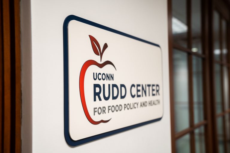 A sign displaying the UConn Rudd Center for Food Policy and Health logo