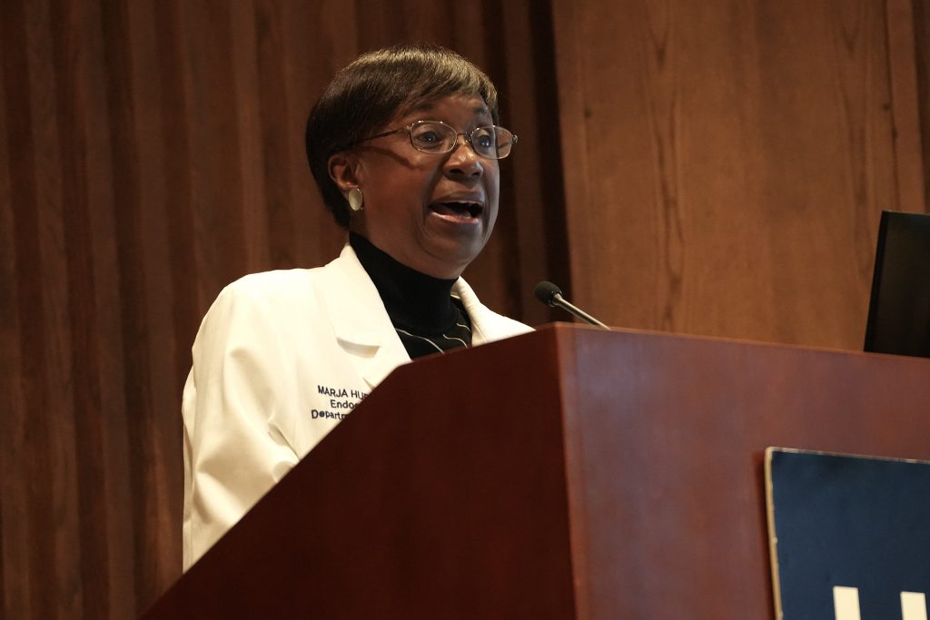 Dr. Marja Hurley sharing her congratulations with the students and parents attending HCOP's annual Closing Ceremony on May 14, 2025 (Photo by John Atashian).