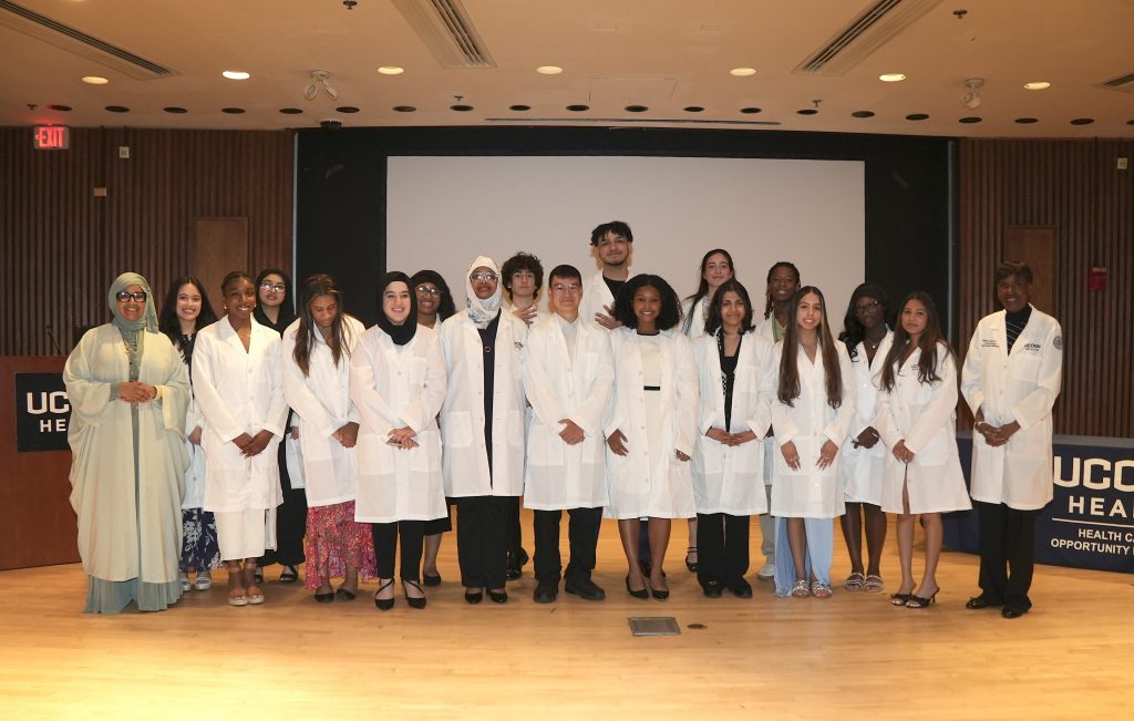 The Class of 2025 Senior Doctors Academy graduated 19 Connecticut high school students at its Closing Ceremony on the evening of May 14, 2025. Graduates are pictured here with keynote speaker Ebony Jackson-Shaheed, MPH and Dr. Marja Hurley (Photo by John Atashian).