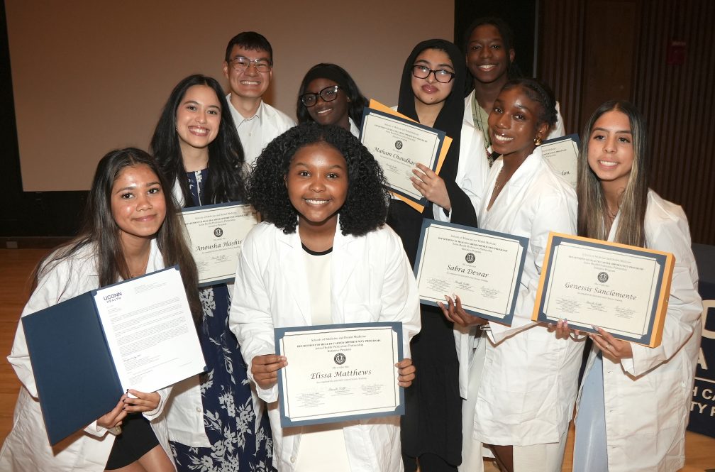 Connecticut high school seniors celebrating their successful graduation from the Senior Doctors Academy of the Health Career Opportunities Programs (HCOP) of UConn Health on May 14, 2025 (Photo by John Atashian).