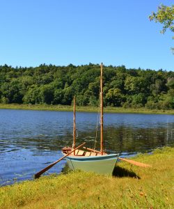 A green and blue boat resting on the shore of a body of water surrounded by green grass and trees.