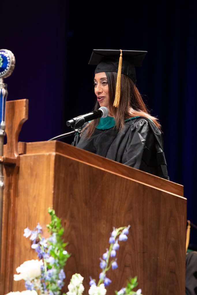 DPH Commissioner Dr. Manisha Juthani delivering her Commencement speech to UConn Health graduates in the Class of 2025 (UConn Health's 54th Commencement on May 12, 2025 (Thomas Hurlbut Photography).