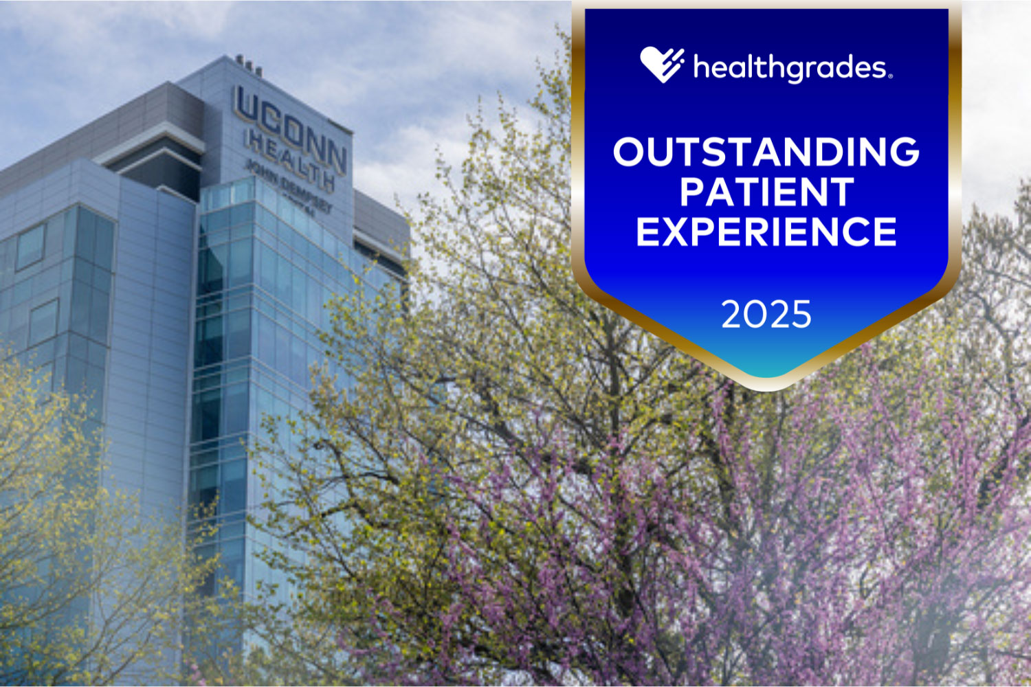 Healthgrades badge "Outstanding Patient Experience 2025" over University Tower background