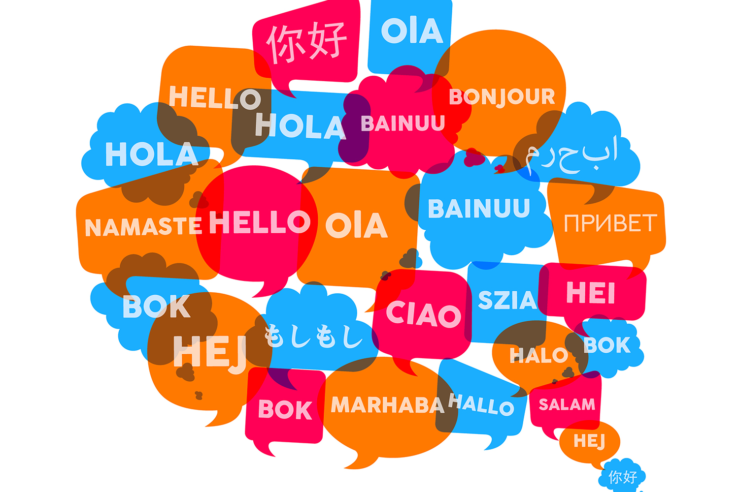 A thought bubble with multiple translations of the word "hello"