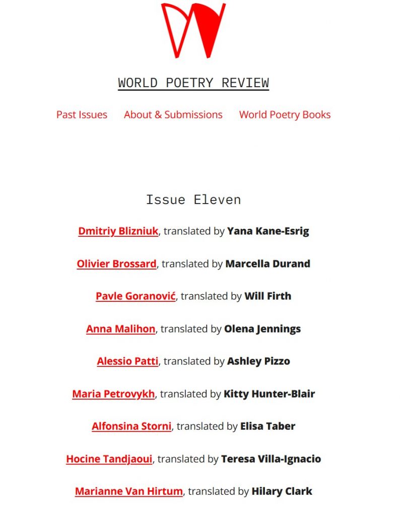 The table of contents for the current issue of World Poetry Review