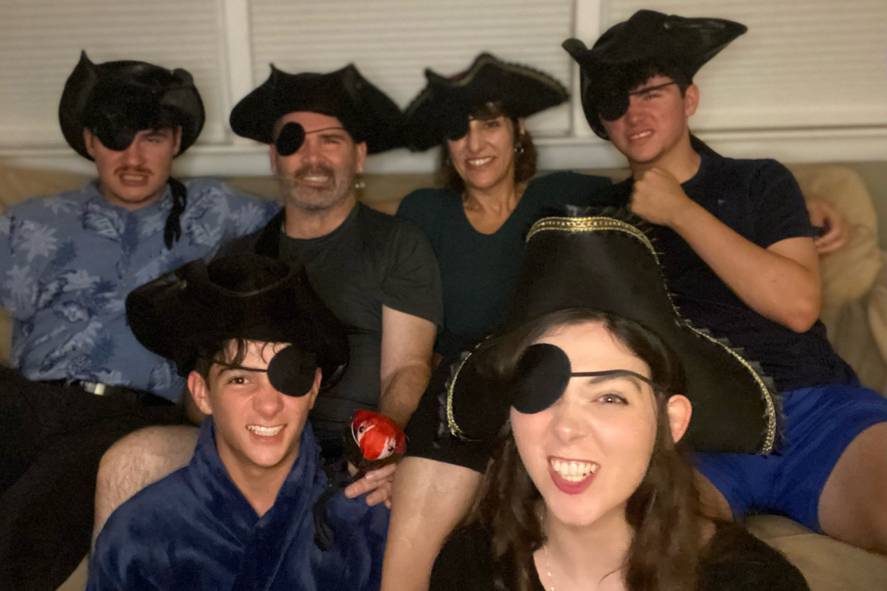 Scott Flanagan and his family wearing pirate eye patches