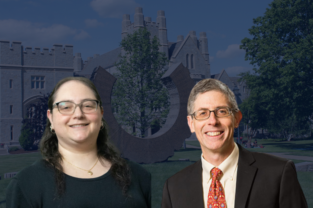 A faded image of the law campus with headshots of Tanya Johnson and Jon Bauer superimposed on top.