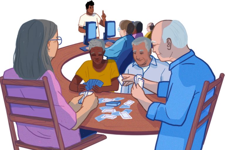 illustration of elderly playing cards at a community table