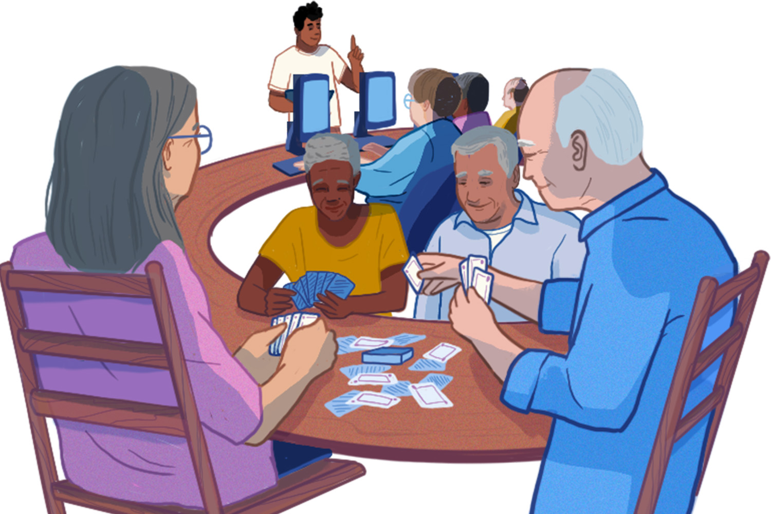 illustration of elderly playing cards at a community table