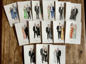A series of paintings, each featuring a couple at a wedding reception, are laid out.